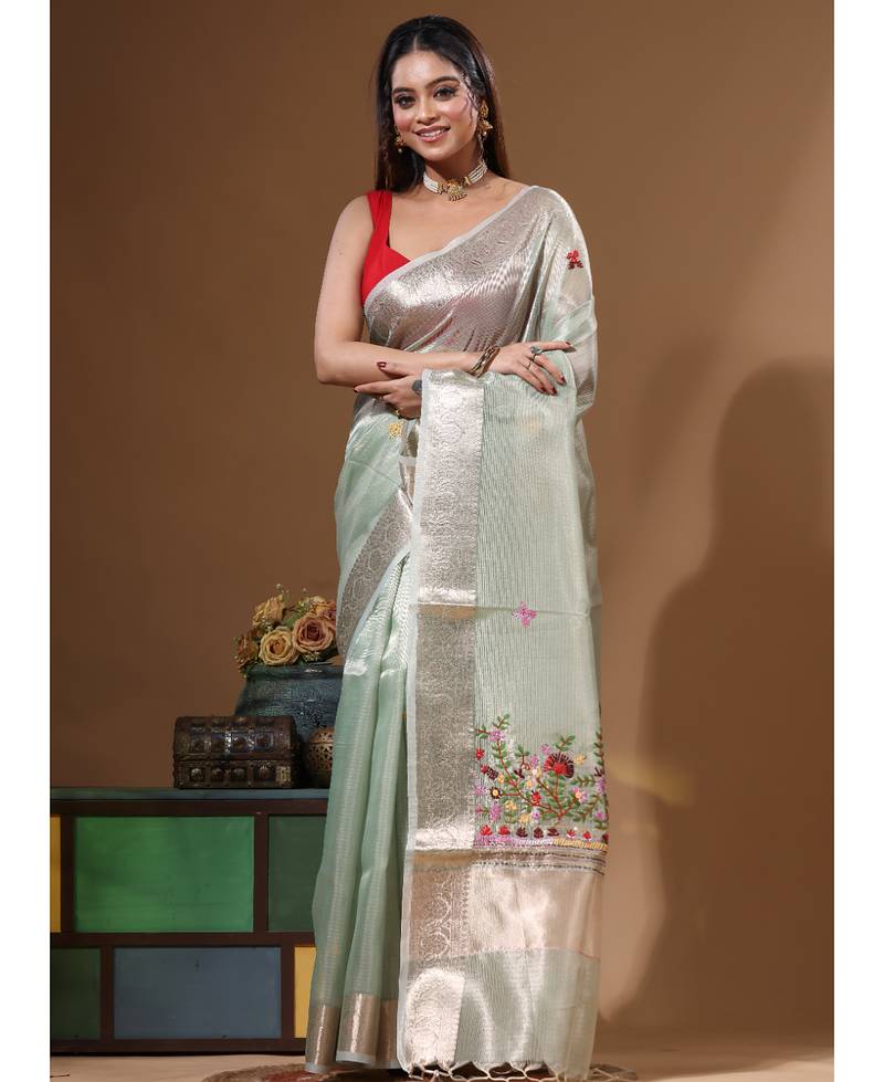 Green kota tissue with kantha work saree with blouse piece