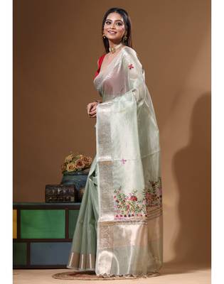 Green kota tissue with kantha work saree with blouse piece 2