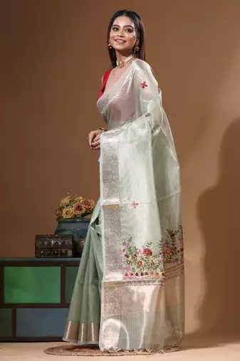 Green kota tissue with kantha work saree with blouse piece