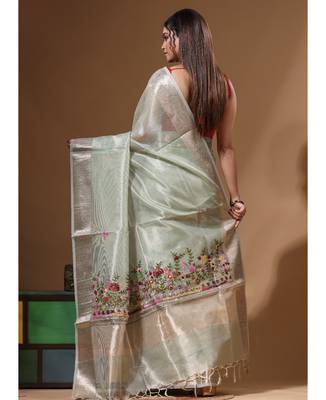 Green kota tissue with kantha work saree with blouse piece 3