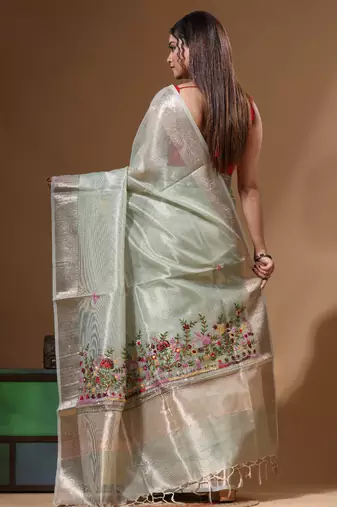 Green kota tissue with kantha work saree with blouse piece