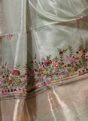 Green kota tissue with kantha work saree with blouse piece 4