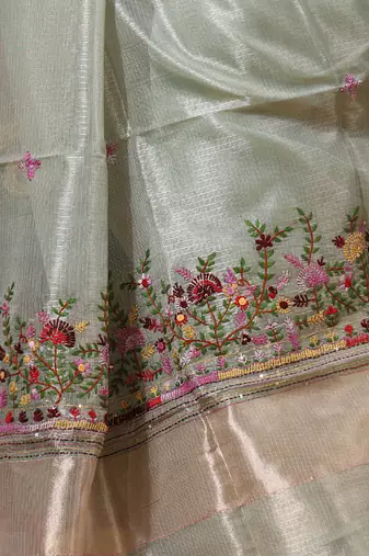 Green kota tissue with kantha work saree with blouse piece