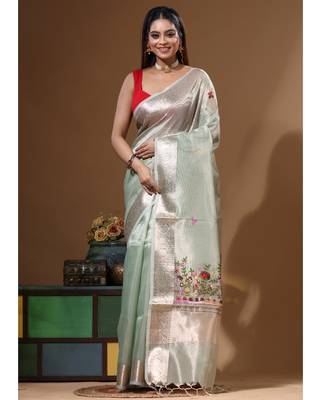 Green kota tissue with kantha work saree with blouse piece 5
