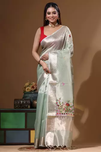 Green kota tissue with kantha work saree with blouse piece
