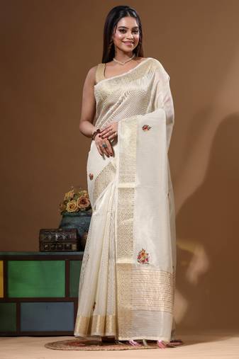Beige kota tissue with kantha work saree with blouse piece