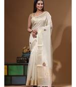Beige kota tissue with kantha work saree with blouse piece