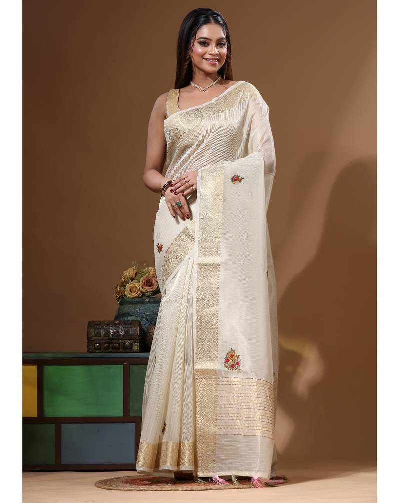 Beige kota tissue with kantha work saree with blouse piece