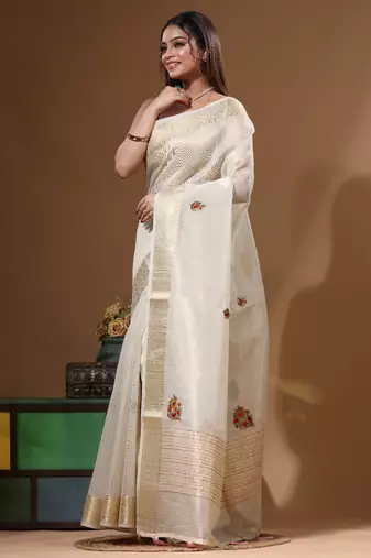 Beige kota tissue with kantha work saree with blouse piece