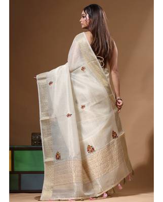 Beige kota tissue with kantha work saree with blouse piece 3