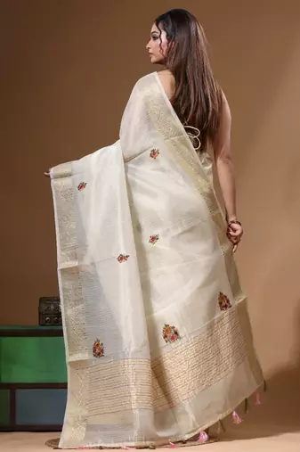Beige kota tissue with kantha work saree with blouse piece