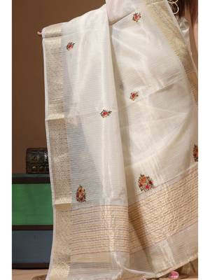 Beige kota tissue with kantha work saree with blouse piece 4