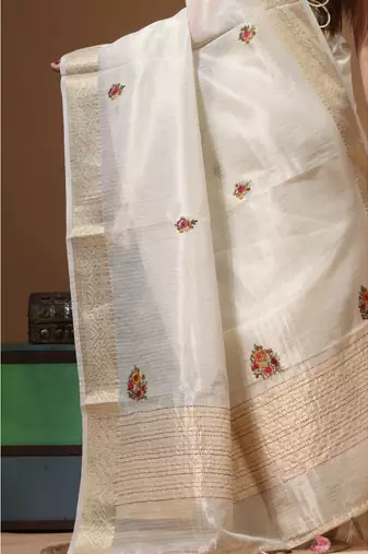 Beige kota tissue with kantha work saree with blouse piece