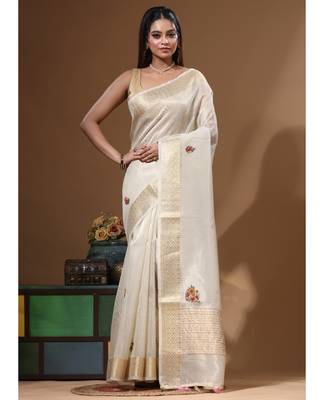 Beige kota tissue with kantha work saree with blouse piece 5