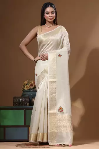 Beige kota tissue with kantha work saree with blouse piece