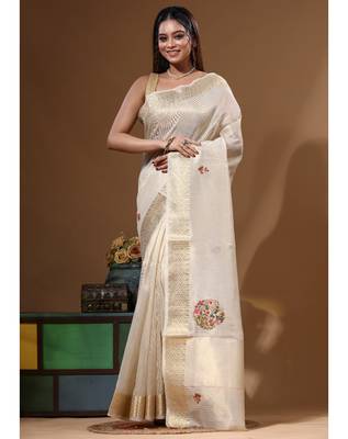 Beige kota tissue with kantha work saree with blouse piece 1
