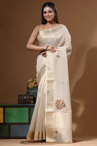 Beige kota tissue with kantha work saree with blouse piece