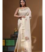 Beige kota tissue with kantha work saree with blouse piece