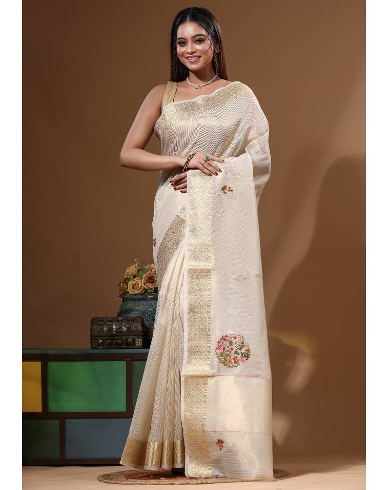 Beige kota tissue with kantha work saree with blouse piece