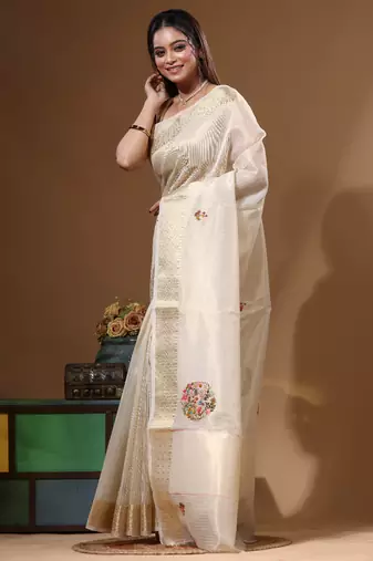 Beige kota tissue with kantha work saree with blouse piece