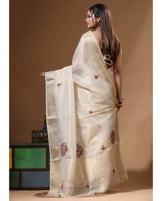 Beige kota tissue with kantha work saree with blouse piece 3