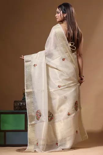 Beige kota tissue with kantha work saree with blouse piece