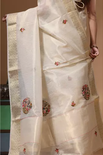 Beige kota tissue with kantha work saree with blouse piece