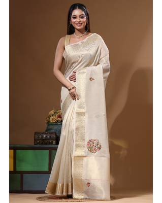 Beige kota tissue with kantha work saree with blouse piece 5