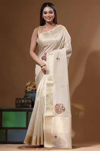 Beige kota tissue with kantha work saree with blouse piece