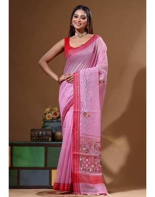 Pink supernet with kantha work saree with blouse piece 1