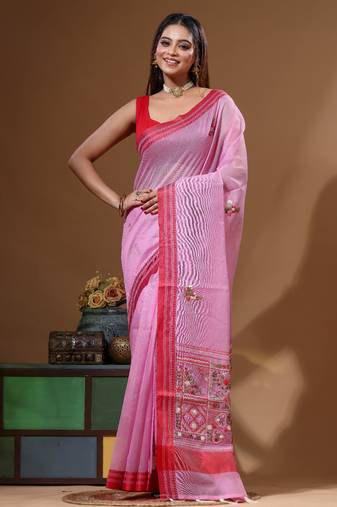 Pink supernet with kantha work saree with blouse piece
