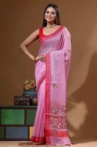 Pink supernet with kantha work saree with blouse piece