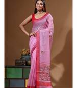 Pink supernet with kantha work saree with blouse piece