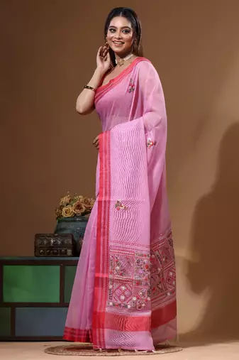 Pink supernet with kantha work saree with blouse piece