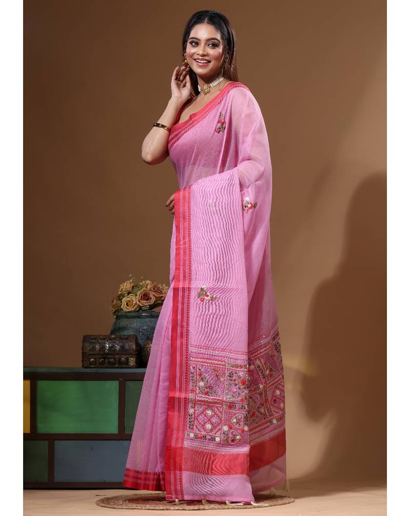 Pink supernet with kantha work saree with blouse piece
