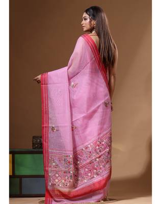Pink supernet with kantha work saree with blouse piece 3