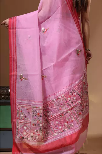 Pink supernet with kantha work saree with blouse piece