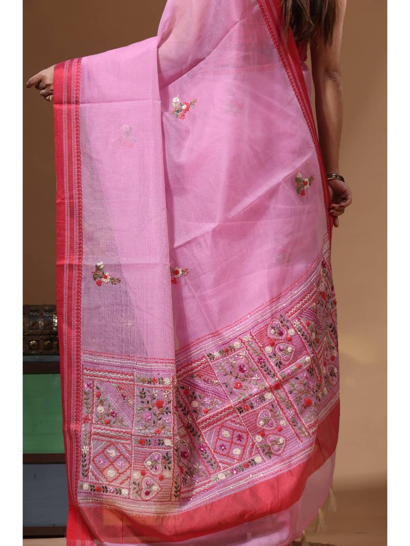Pink supernet with kantha work saree with blouse piece
