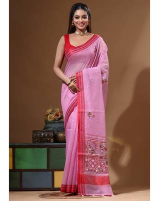 Pink supernet with kantha work saree with blouse piece 5