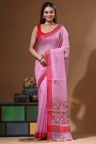 Pink supernet with kantha work saree with blouse piece