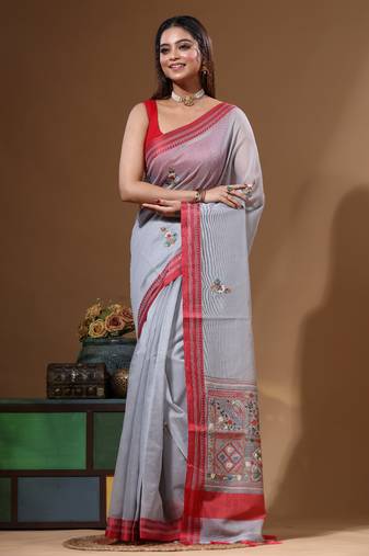 Grey supernet with kantha work saree with blouse piece
