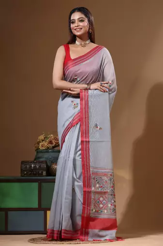 Grey supernet with kantha work saree with blouse piece