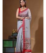 Grey supernet with kantha work saree with blouse piece