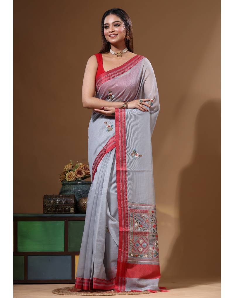 Grey supernet with kantha work saree with blouse piece