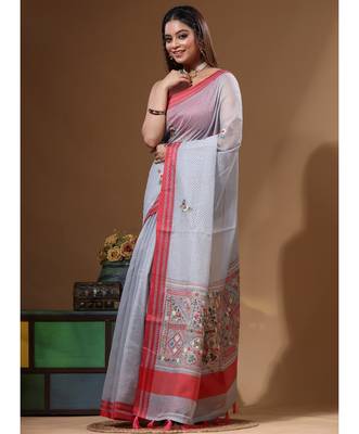 Grey supernet with kantha work saree with blouse piece 2