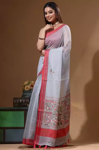 Grey supernet with kantha work saree with blouse piece