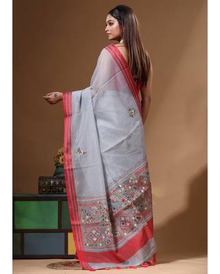 Grey supernet with kantha work saree with blouse piece 3