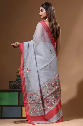 Grey supernet with kantha work saree with blouse piece