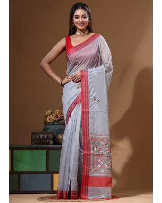 Grey supernet with kantha work saree with blouse piece 4