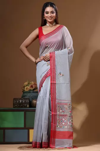Grey supernet with kantha work saree with blouse piece